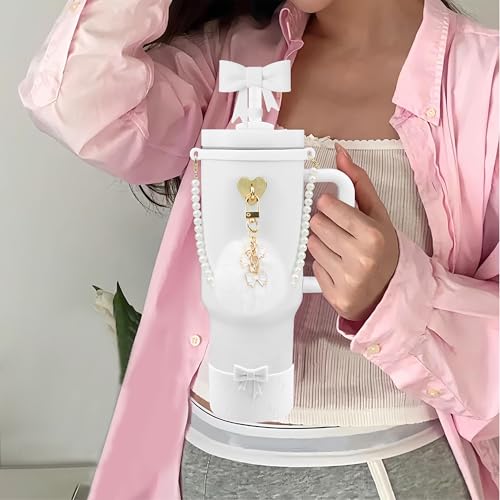 Hpebl 7PCS White of Stanley Cup Accessories Set 30/40 Oz Pearl Bow Charms for Stanley Decorations Water Bottle Tumbler Accessories Including Bow Straw Topper, Pom Pom Keychain, Silicone Tumbler Boot - Image 2