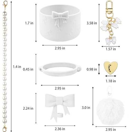 Hpebl 7PCS White of Stanley Cup Accessories Set 30/40 Oz Pearl Bow Charms for Stanley Decorations Water Bottle Tumbler Accessories Including Bow Straw Topper, Pom Pom Keychain, Silicone Tumbler Boot - Image 3