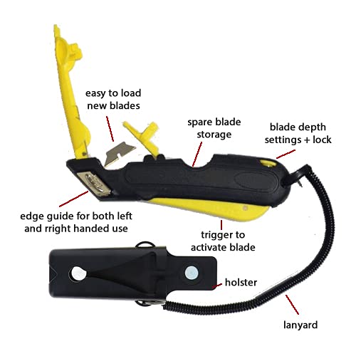 Veltec EZ-1000 Safety Box Cutter Utility Knife, 3 Blade Depth Setting, Squeeze Trigger and Dual Side Edge Guide, 2 Blades, Holster and Lanyard (Yellow) - Image 2