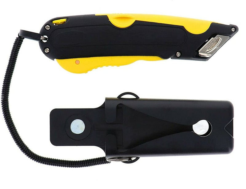 Veltec EZ-1000 Safety Box Cutter Utility Knife, 3 Blade Depth Setting, Squeeze Trigger and Dual Side Edge Guide, 2 Blades, Holster and Lanyard (Yellow) - Image 3