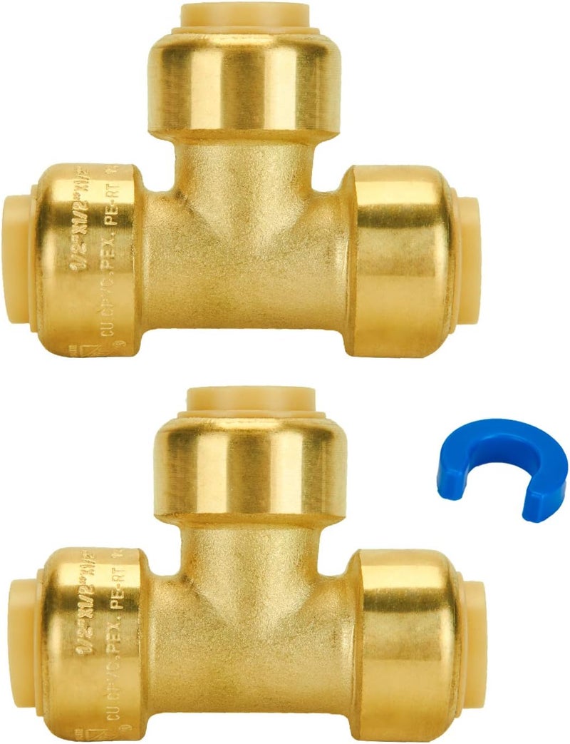 SUNGATOR 1/2 Inch Tee, Push Pex Fittings 1/2 Inch, 1/2" T Fittings, No Lead Brass Push-to-Connect Plumbing Tee Connector for PEX Pipe, Copper, CPVC, with 1 Disconnect Clip, Pack of 2 - Image 1