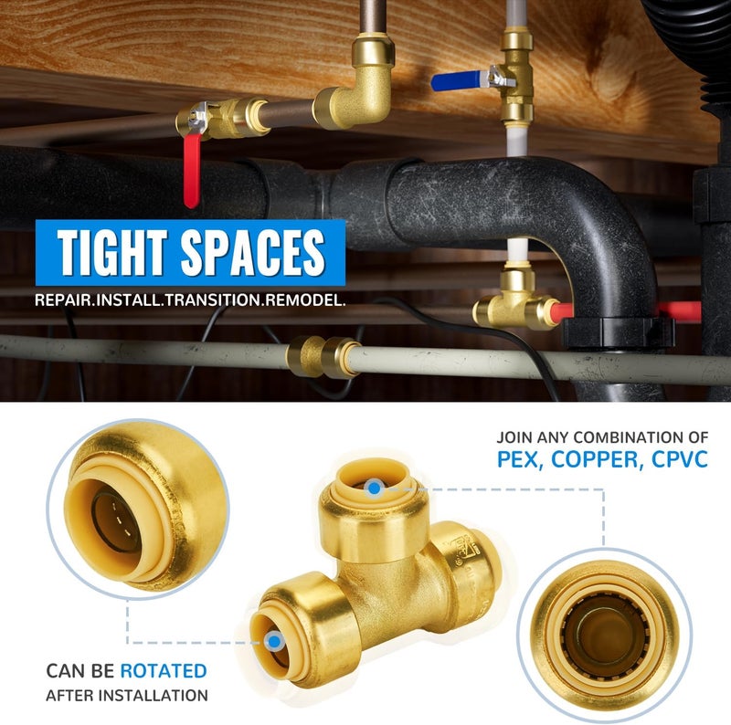 SUNGATOR 1/2 Inch Tee, Push Pex Fittings 1/2 Inch, 1/2" T Fittings, No Lead Brass Push-to-Connect Plumbing Tee Connector for PEX Pipe, Copper, CPVC, with 1 Disconnect Clip, Pack of 2 - Image 4