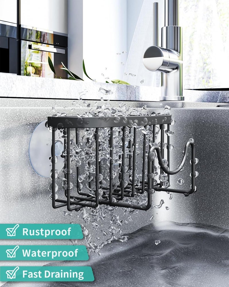 HapiRm Multifunctional Sponge Holder with Unique M-Shaped, Two Installation Methods Kitchen Sink Organizer, Rustproof Stainless Steel Sink Caddy -Black（2-Pack） - Image 4