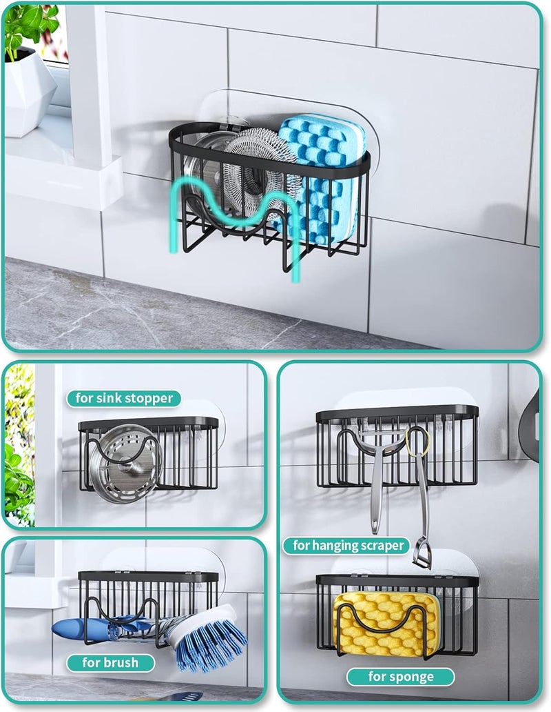 HapiRm Multifunctional Sponge Holder with Unique M-Shaped, Two Installation Methods Kitchen Sink Organizer, Rustproof Stainless Steel Sink Caddy -Black（2-Pack） - Image 2