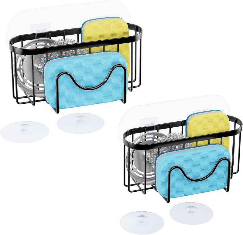 HapiRm Multifunctional Sponge Holder with Unique M-Shaped, Two Installation Methods Kitchen Sink Organizer, Rustproof Stainless Steel Sink Caddy -Black（2-Pack） - Image 1