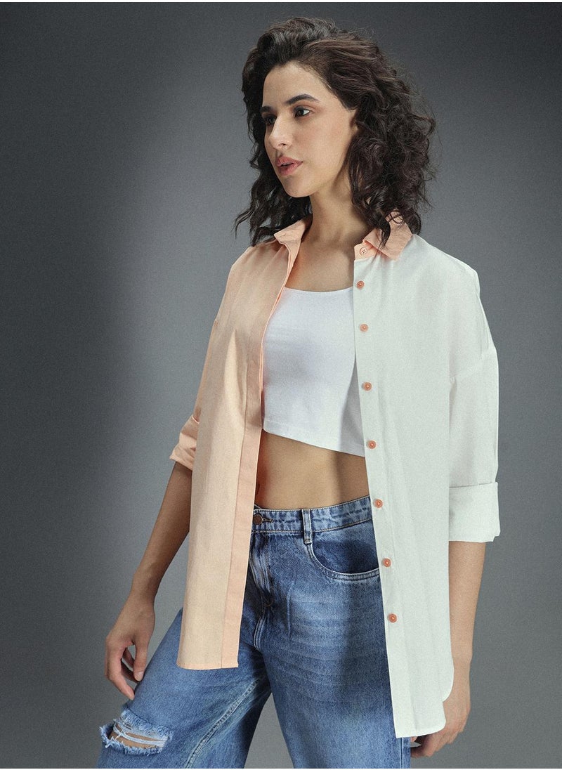 HIGH STAR - Oversized Multicolor Cotton Shirt for Women, Spread Collar, Full Sleeve, Colorblock Design - Image 1