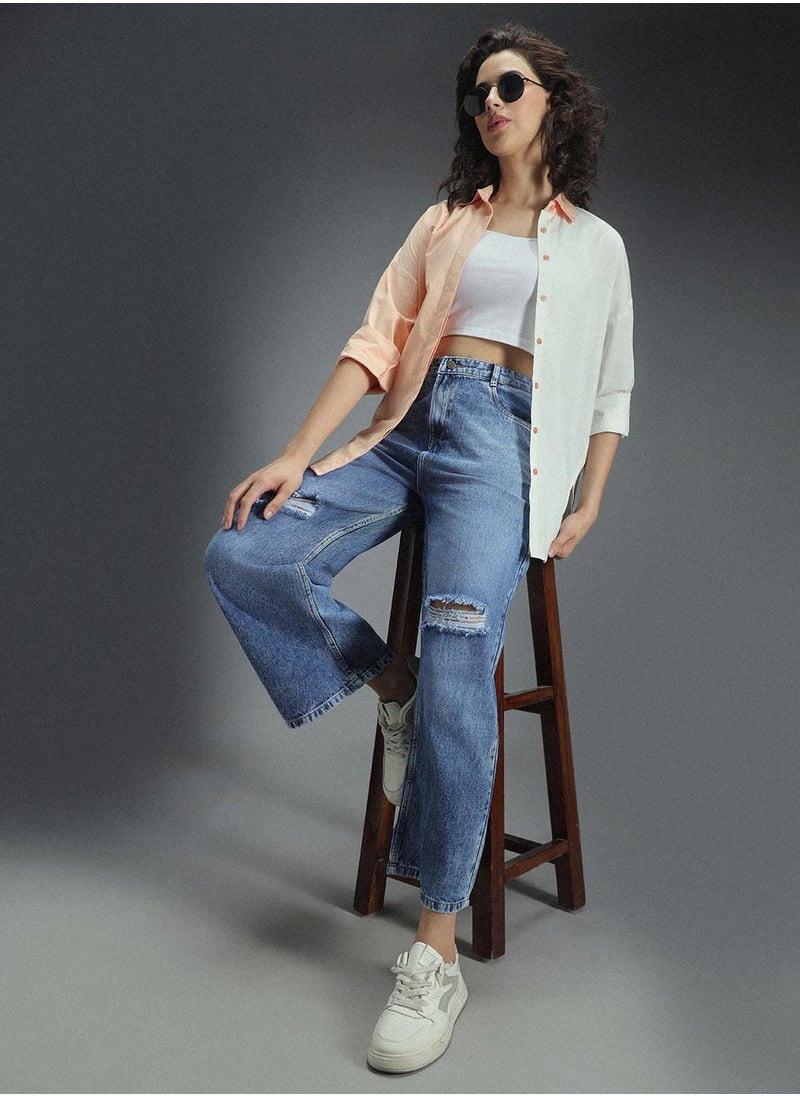 HIGH STAR - Oversized Multicolor Cotton Shirt for Women, Spread Collar, Full Sleeve, Colorblock Design - Image 1