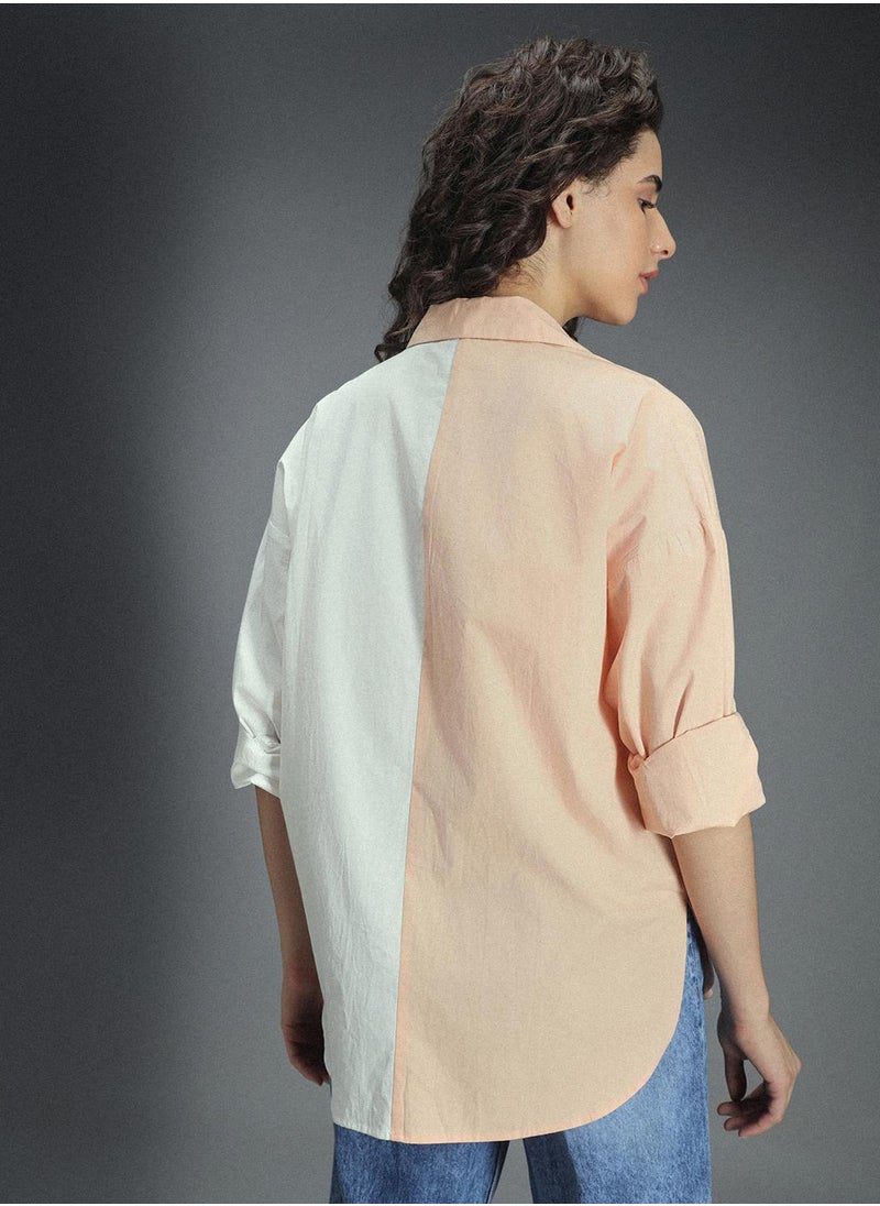 HIGH STAR - Oversized Multicolor Cotton Shirt for Women, Spread Collar, Full Sleeve, Colorblock Design - Image 1