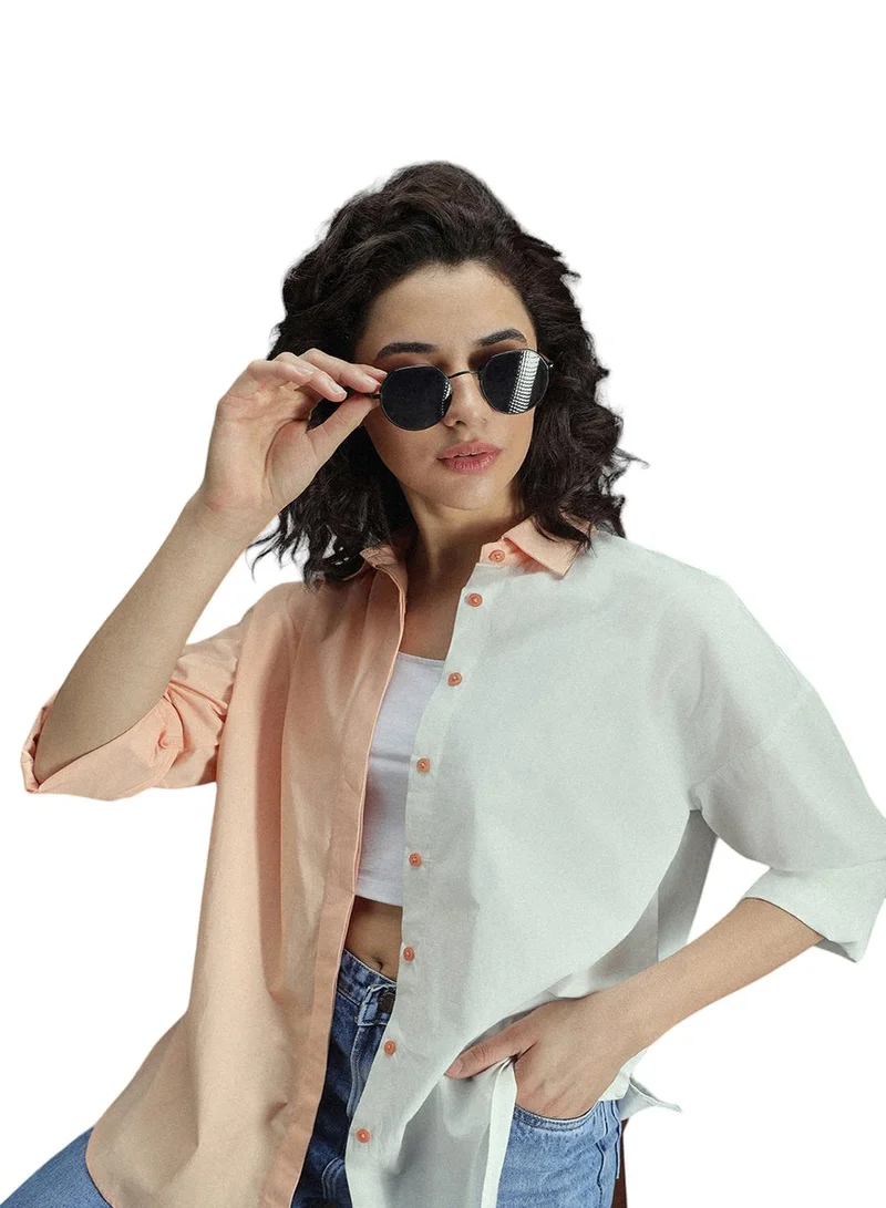 HIGH STAR Oversized Multicolor Cotton Shirt for Women, Spread Collar, Full Sleeve, Colorblock Design