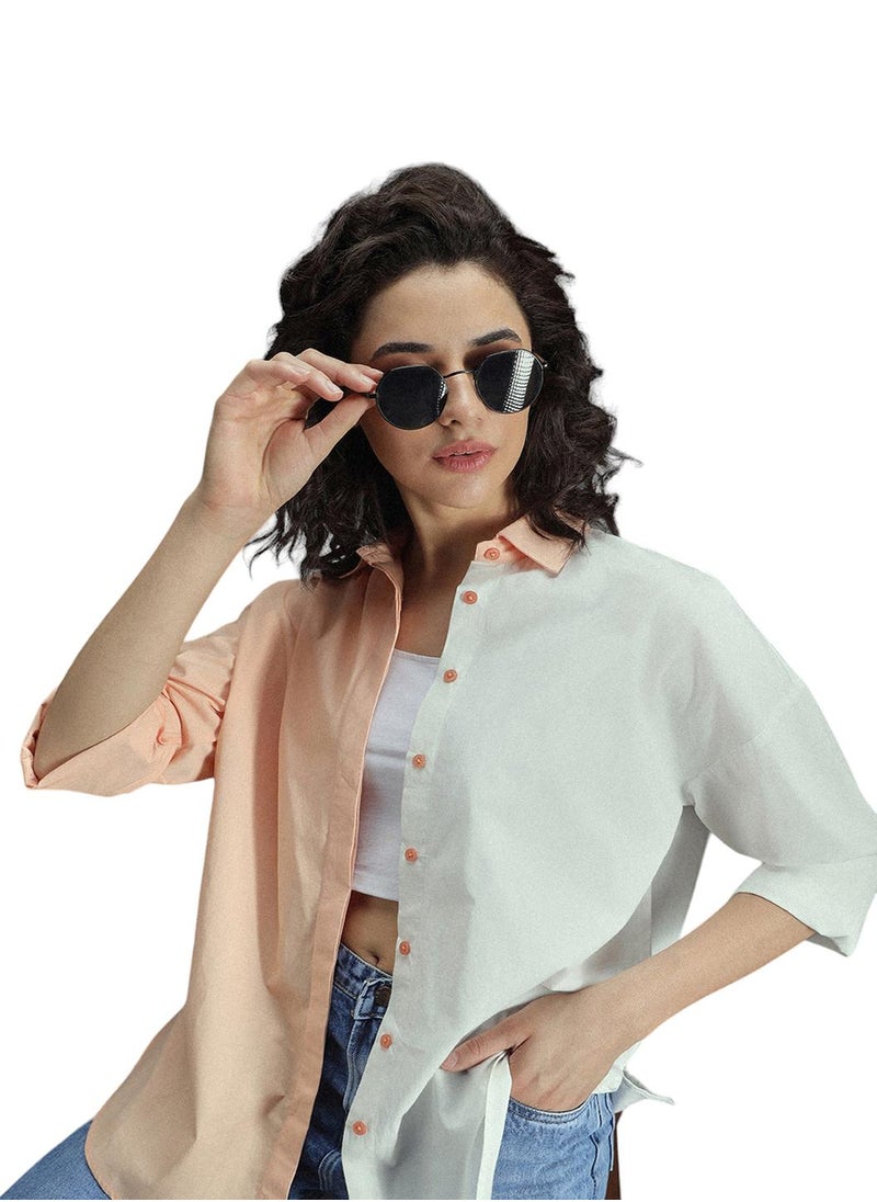 HIGH STAR - Oversized Multicolor Cotton Shirt for Women, Spread Collar, Full Sleeve, Colorblock Design - Image 1