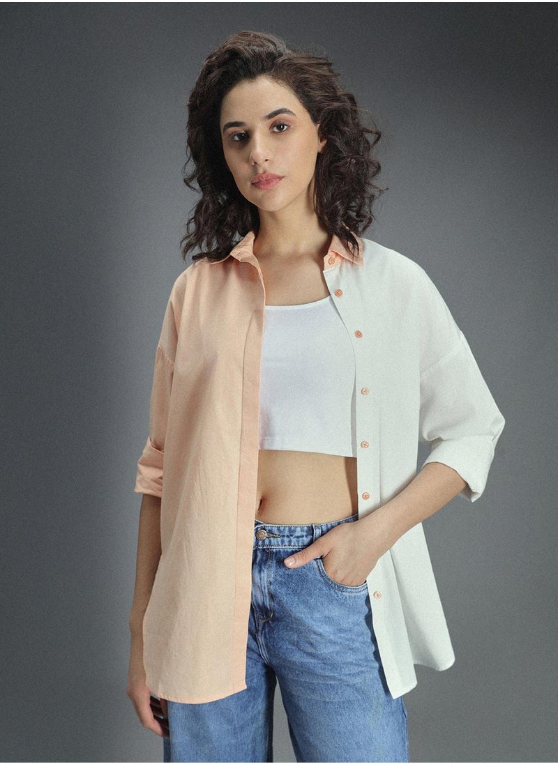 HIGH STAR - Oversized Multicolor Cotton Shirt for Women, Spread Collar, Full Sleeve, Colorblock Design - Image 1