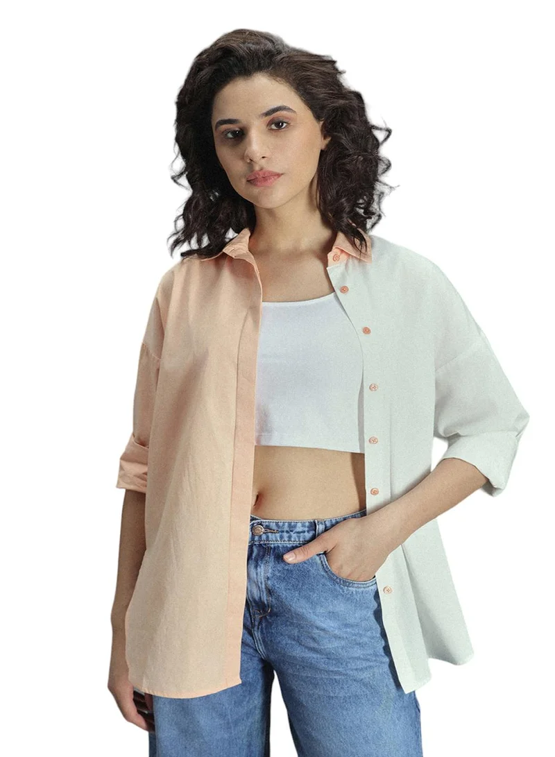 HIGH STAR Oversized Multicolor Cotton Shirt for Women, Spread Collar, Full Sleeve, Colorblock Design