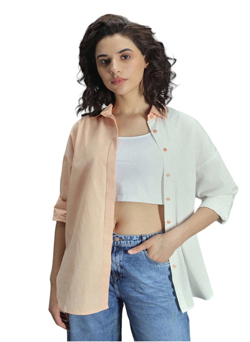 HIGH STAR - Oversized Multicolor Cotton Shirt for Women, Spread Collar, Full Sleeve, Colorblock Design - Image 1
