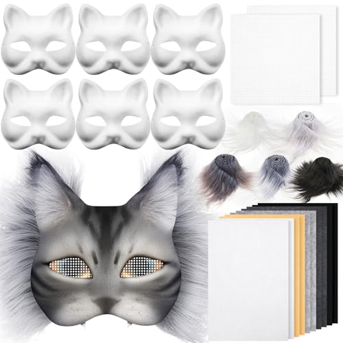 Seenelling 19 Pcs DIY Therian Mask Kit Blank Cat Mask with Felt Fabric Sheet Plush Faux Fur Eye Mesh for Therian Gear Stuff (Grey Series) - Image 1