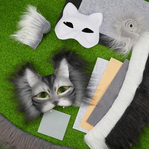 Seenelling 19 Pcs DIY Therian Mask Kit Blank Cat Mask with Felt Fabric Sheet Plush Faux Fur Eye Mesh for Therian Gear Stuff (Grey Series) - Image 5
