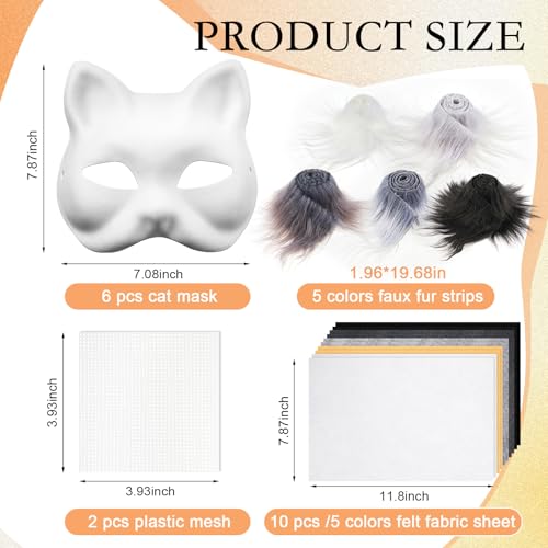 Seenelling 19 Pcs DIY Therian Mask Kit Blank Cat Mask with Felt Fabric Sheet Plush Faux Fur Eye Mesh for Therian Gear Stuff (Grey Series) - Image 2