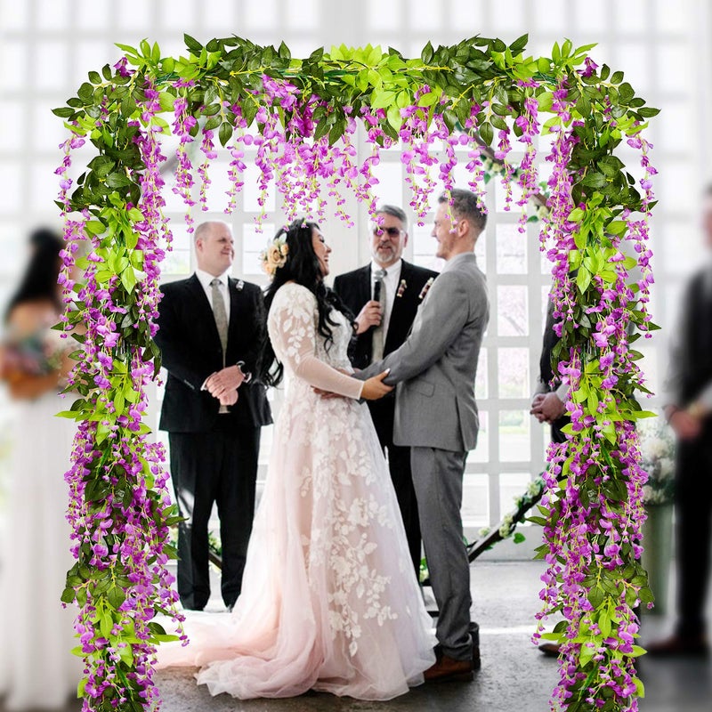 Lvydec Wisteria Artificial Flowers Garland, 4 Pcs Total 28.8ft Artificial Wisteria Vine Silk Hanging Flower for Home Garden Outdoor Ceremony Wedding Arch Floral Decor (Purplish Red) - Image 3