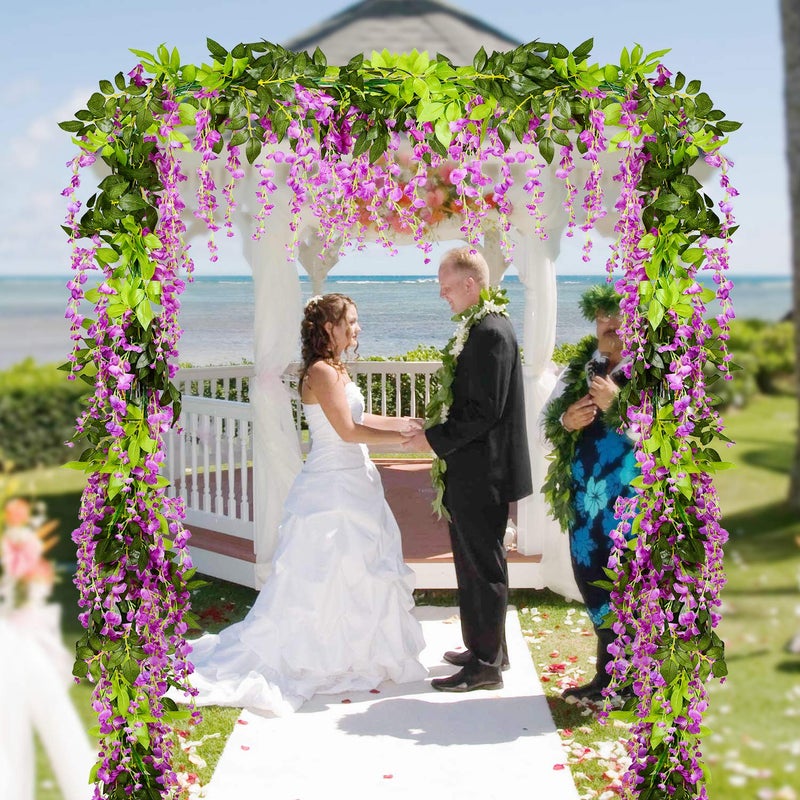 Lvydec Wisteria Artificial Flowers Garland, 4 Pcs Total 28.8ft Artificial Wisteria Vine Silk Hanging Flower for Home Garden Outdoor Ceremony Wedding Arch Floral Decor (Purplish Red) - Image 2