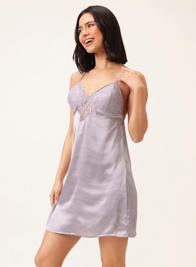 Clovia Solid Lace Insert Padded Satin Babydoll - Image 2