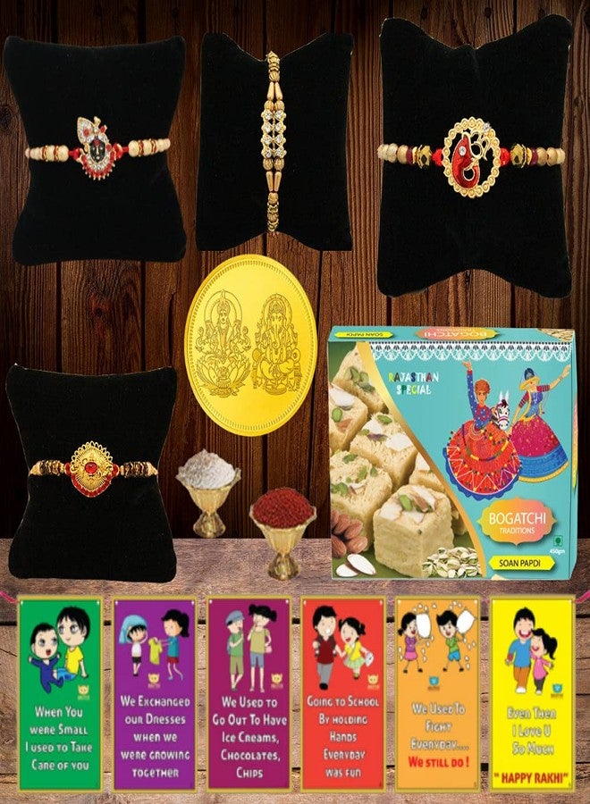 BOGATCHI Rakhi with Sweets, Rakhi for brother with sweets, Rakhi with sweets for brother, Rakhi for brother with gift sweets -Kaju Katli, 200g + Rakhi Set of 4 +Roli Chawal+ Rakhi Card |KKTRKH-4-40