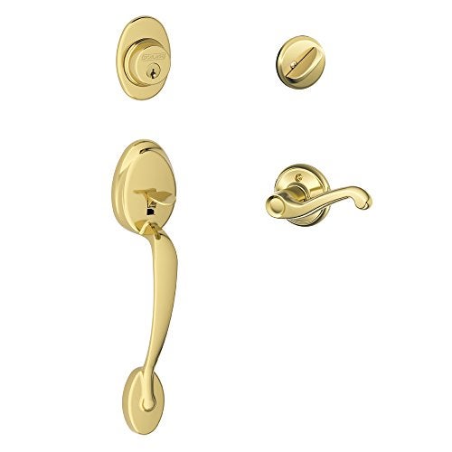 Schlage Lock Company Plymouth Single Cylinder Handleset and Left Hand Flair Lever, Bright Brass (F60 PLY 605 FLA LH) - Image 1