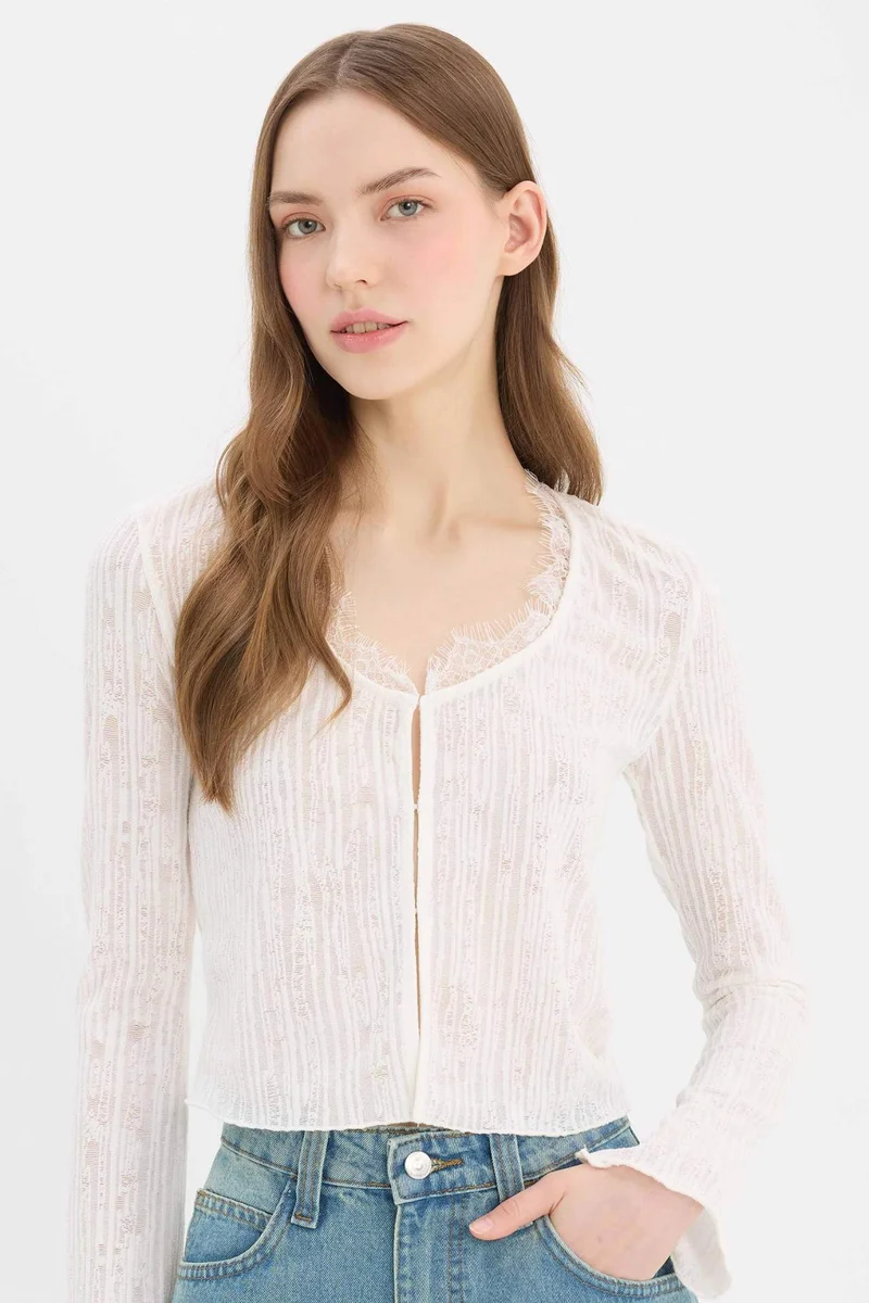 ديفاكتو Slim Fit V-Neck Lace Cardigan