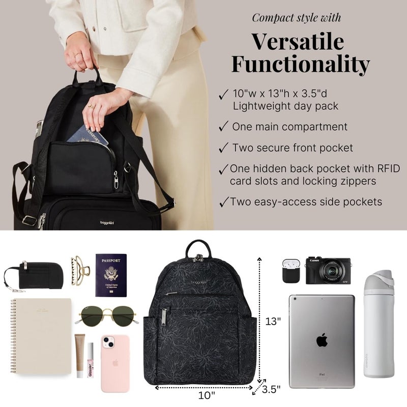 Baggallini SecurtexÂ® Anti-theft Vacation Travel Backpack 10x13" Slash-Resistant Nylon Daypack w/RFID, Midnight Blossom - Image 4