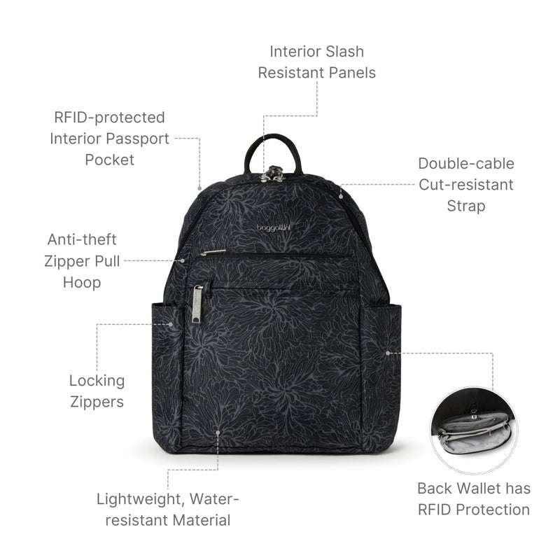 Baggallini SecurtexÂ® Anti-theft Vacation Travel Backpack 10x13" Slash-Resistant Nylon Daypack w/RFID, Midnight Blossom - Image 3
