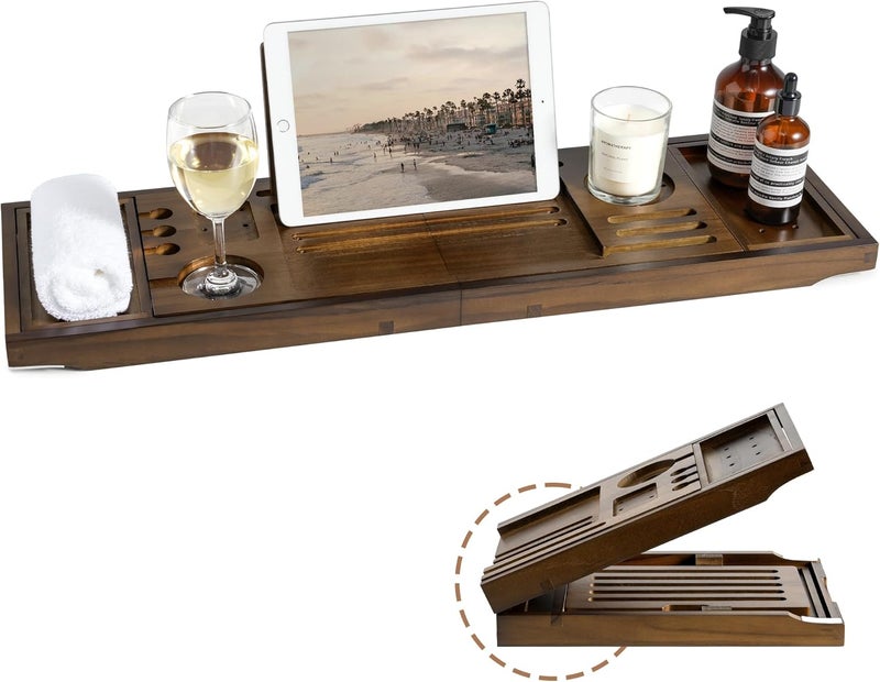 Realgulf Teak Bathtub Tray | Adjustable Width Tray with Wine Holder, Tablet/Phone & Book Stand, Splash-Proof for Bath Time- Walnut - Image 1