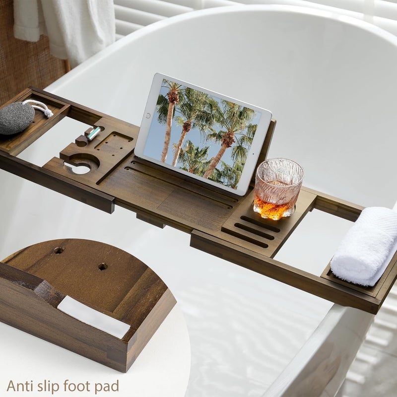 Realgulf Teak Bathtub Tray | Adjustable Width Tray with Wine Holder, Tablet/Phone & Book Stand, Splash-Proof for Bath Time- Walnut - Image 4