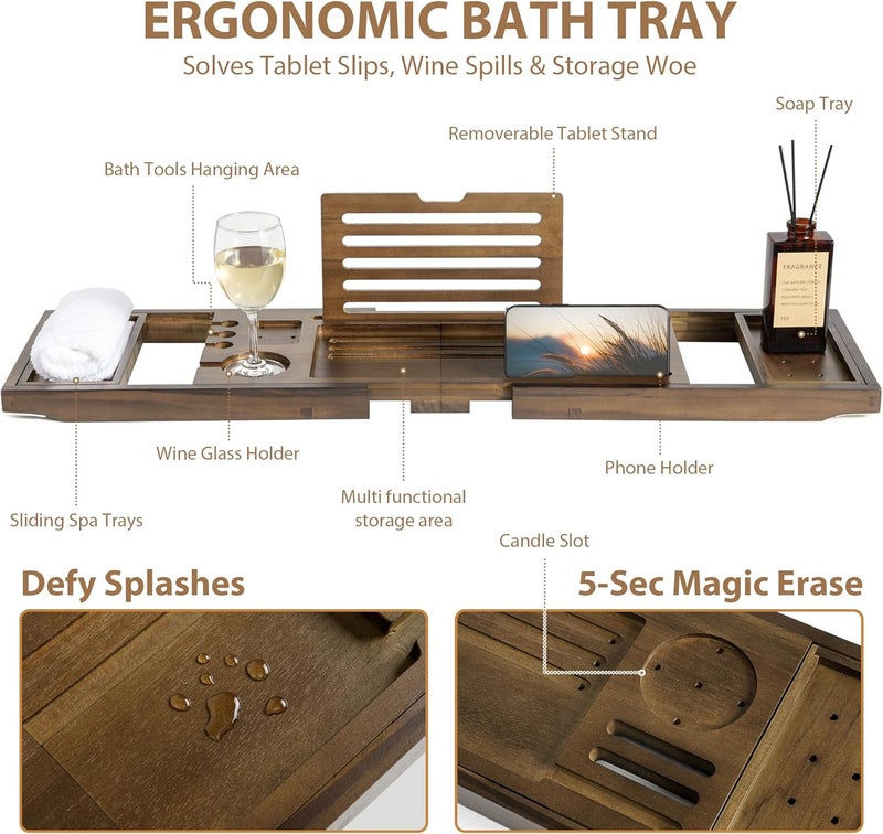 Realgulf Teak Bathtub Tray | Adjustable Width Tray with Wine Holder, Tablet/Phone & Book Stand, Splash-Proof for Bath Time- Walnut - Image 2