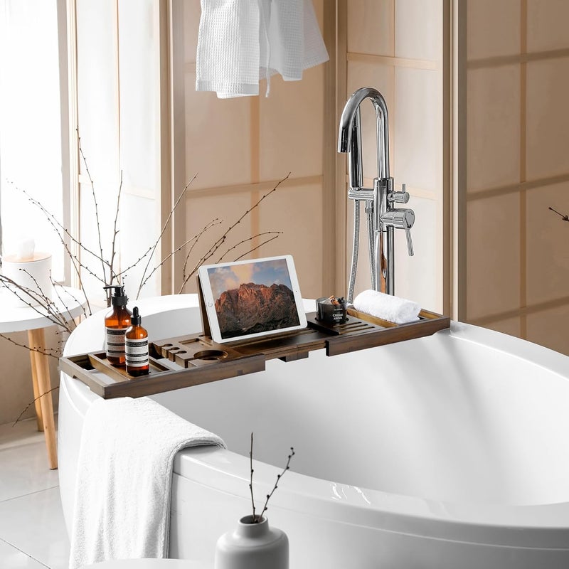 Realgulf Teak Bathtub Tray | Adjustable Width Tray with Wine Holder, Tablet/Phone & Book Stand, Splash-Proof for Bath Time- Walnut - Image 3