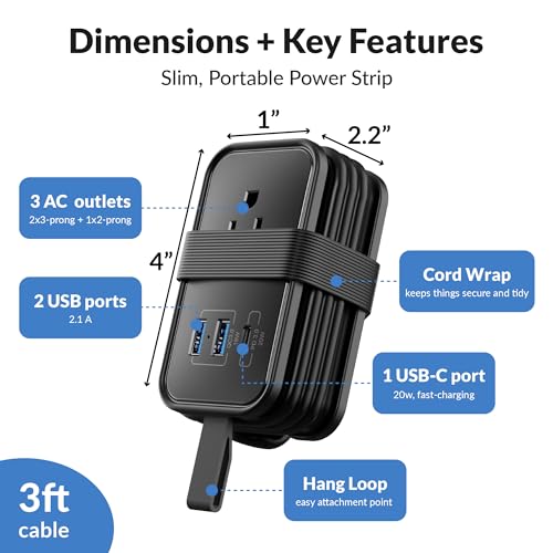 Uncaged Ergonomics Travel Charger for Multiple Devices, Flat Plug Power Strip 3ft Adapter Extension Cord, 3 AC Outlets, 2 USB & 1 Fast Charging USB-C, No Surge Cruise Approved, Portable Power Strip - Image 2