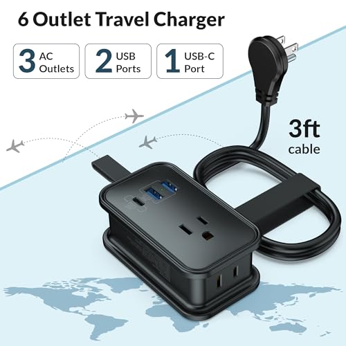 Uncaged Ergonomics Travel Charger for Multiple Devices, Flat Plug Power Strip 3ft Adapter Extension Cord, 3 AC Outlets, 2 USB & 1 Fast Charging USB-C, No Surge Cruise Approved, Portable Power Strip - Image 3