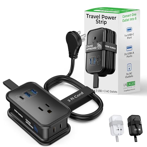 Uncaged Ergonomics Travel Charger for Multiple Devices, Flat Plug Power Strip 3ft Adapter Extension Cord, 3 AC Outlets, 2 USB & 1 Fast Charging USB-C, No Surge Cruise Approved, Portable Power Strip - Image 1