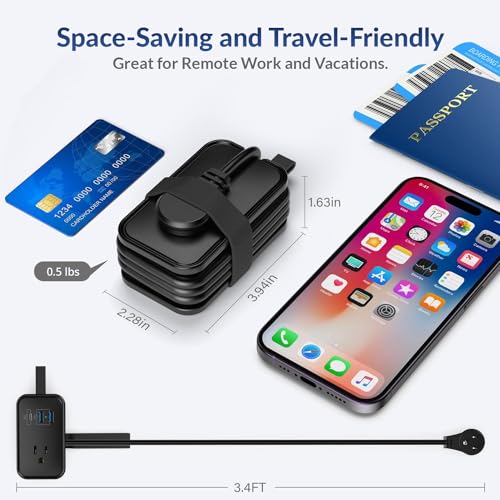 Uncaged Ergonomics Travel Charger for Multiple Devices, Flat Plug Power Strip 3ft Adapter Extension Cord, 3 AC Outlets, 2 USB & 1 Fast Charging USB-C, No Surge Cruise Approved, Portable Power Strip - Image 4