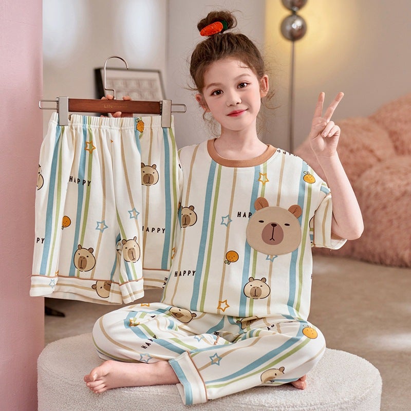 Korean Style Girls' Pajamas Summer Three-Piece Set Short Sleeve Pure Cotton Baby Princess Style Girls' Home Clothes Set - Image 2