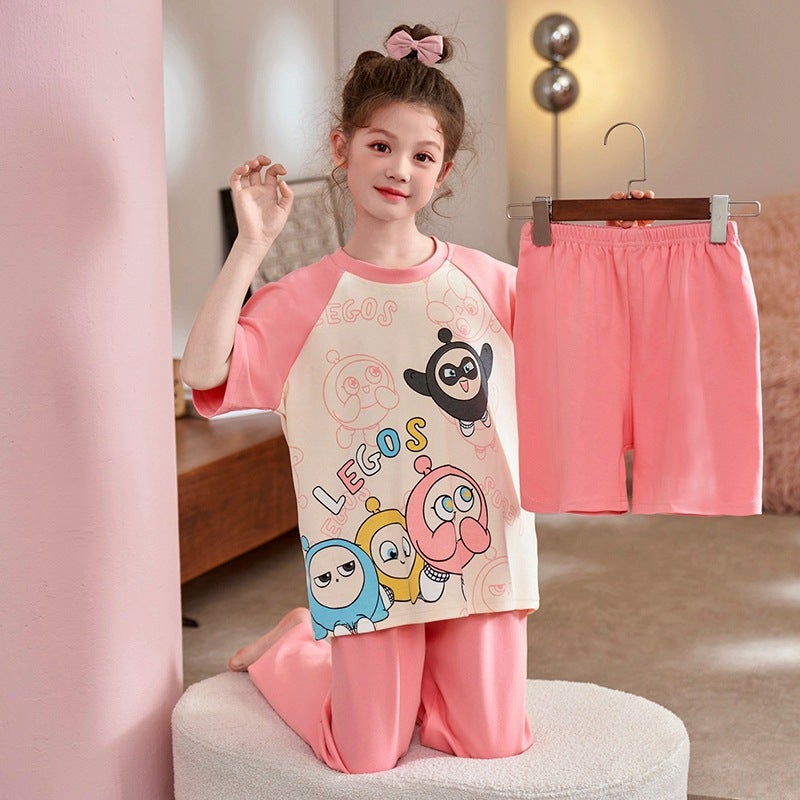 Korean Style Girls' Pajamas Summer Three-Piece Set Short Sleeve Pure Cotton Baby Princess Style Girls' Home Clothes Set - Image 3