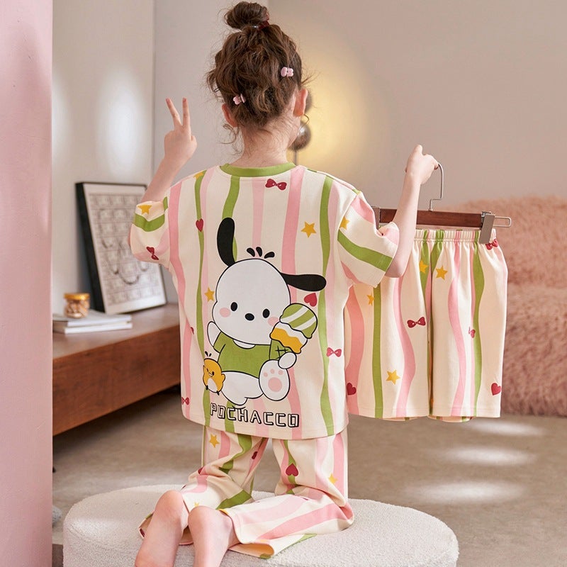 Korean Style Girls' Pajamas Summer Three-Piece Set Short Sleeve Pure Cotton Baby Princess Style Girls' Home Clothes Set - Image 5