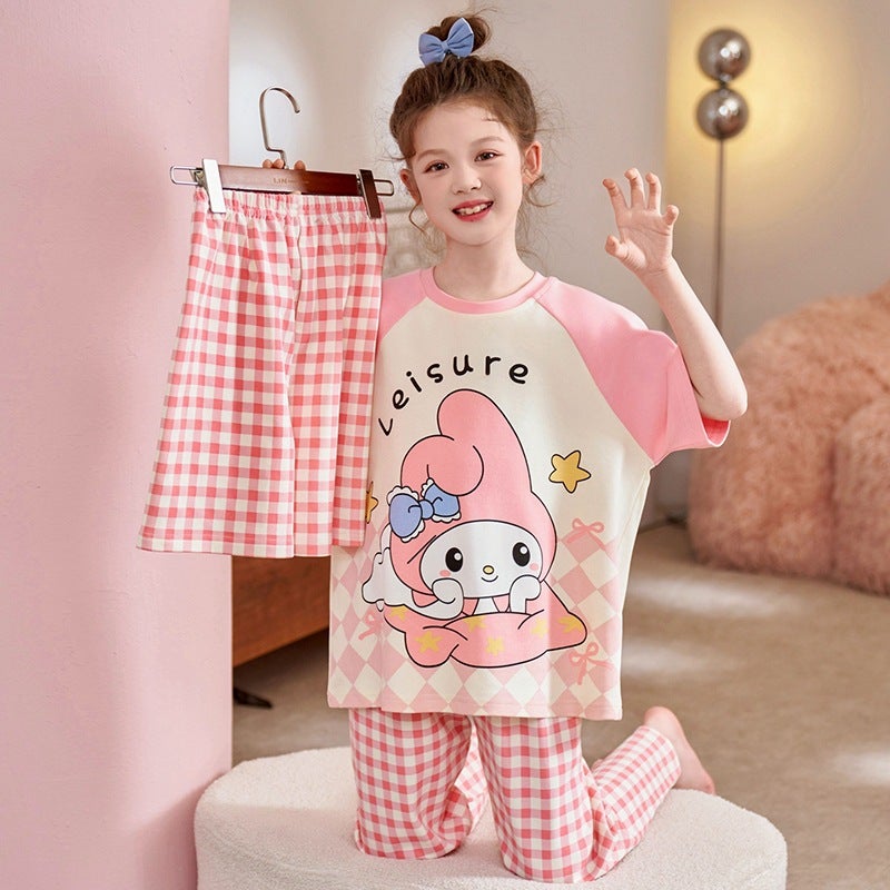 Korean Style Girls' Pajamas Summer Three-Piece Set Short Sleeve Pure Cotton Baby Princess Style Girls' Home Clothes Set - Image 4
