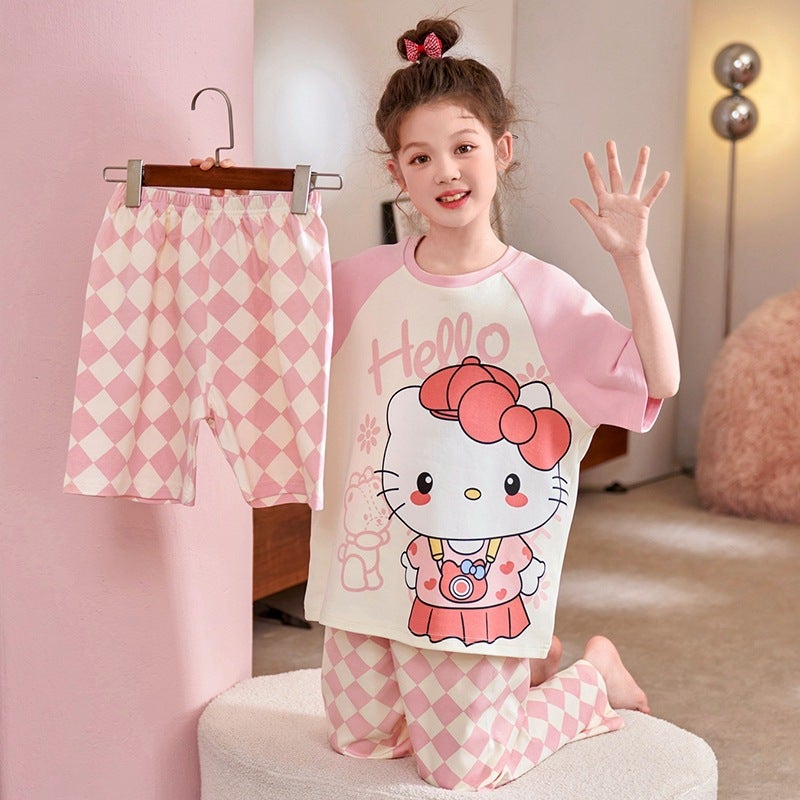 Korean Style Girls' Pajamas Summer Three-Piece Set Short Sleeve Pure Cotton Baby Princess Style Girls' Home Clothes Set - Image 1