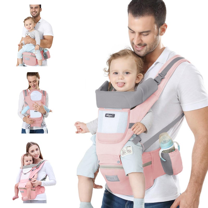 Ocanoiy Baby Carrier Newborn to Toddler Baby Wrap Carrier with Hip Seat Kangaroo Carrier Toddler Infant Baby Holder for Men Women Dad Mom (Pink) - Image 1