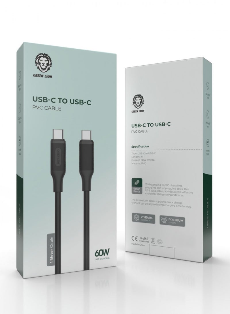 GREEN LION Type-C to Type-C PVC Cable 1 Meter Length/ 60W Fast Charging PD / Super Durable / Secure & Safe / Charge & Sync / 480Mbps Transfer Speed / High Speed Charging / Quick Data Sync / 10000 Bends Life Span / Premium Quality - Black - Image 2