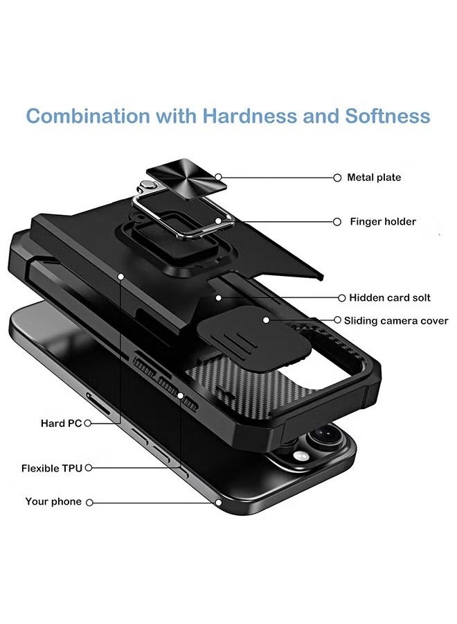 iPhone 16 Pro Case Cover with [Card Holder] [Slide Camera Cover] [360° Rotate Ring Kickstand] Heavy Duty Protective Phone Case for iPhone 16 Pro Back Cover Mobiles Accessories - Black - Image 3