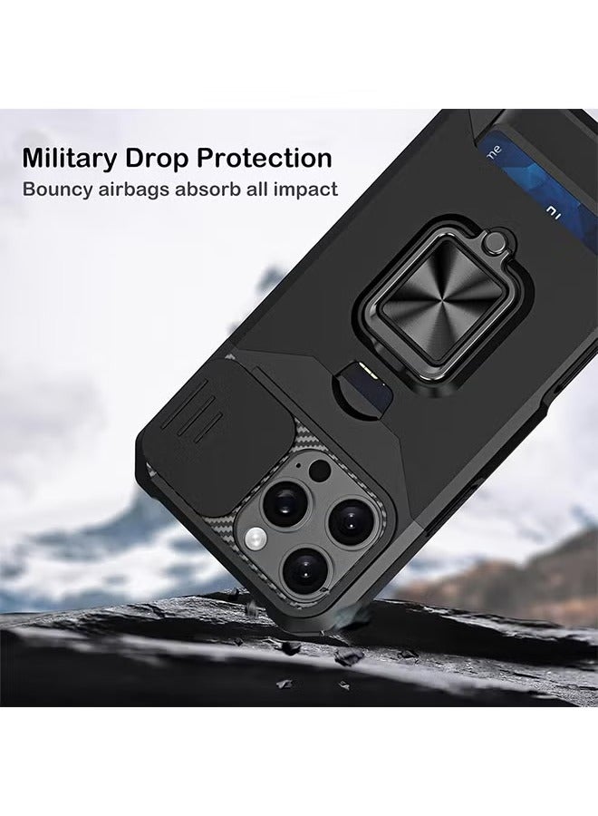iPhone 16 Pro Case Cover with [Card Holder] [Slide Camera Cover] [360° Rotate Ring Kickstand] Heavy Duty Protective Phone Case for iPhone 16 Pro Back Cover Mobiles Accessories - Black - Image 2