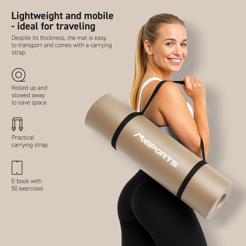MSPORTS Thick Yoga Mat Premium Non Slip â€“ Extra Comfortable Exercise Mat for Home Workouts, Pilates, Stretching & Gym â€“ Cushioned NBR Foam, Yoga Mat with Strap, for Women & Men (Beige, 74. 5 x 32 x 0.6 in) - Image 3