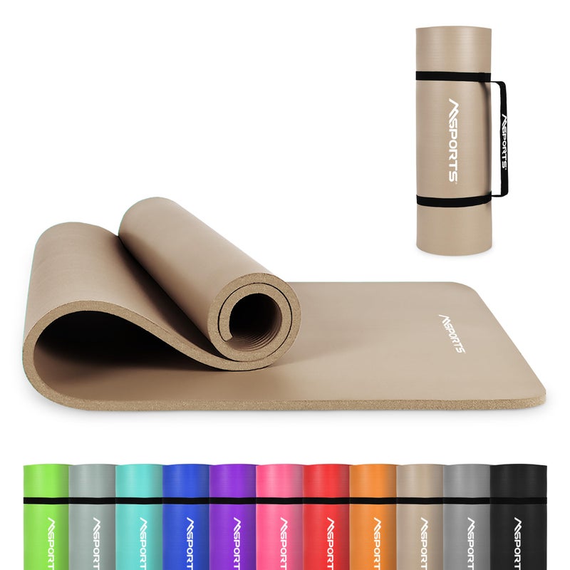MSPORTS Thick Yoga Mat Premium Non Slip â€“ Extra Comfortable Exercise Mat for Home Workouts, Pilates, Stretching & Gym â€“ Cushioned NBR Foam, Yoga Mat with Strap, for Women & Men (Beige, 74. 5 x 32 x 0.6 in) - Image 1