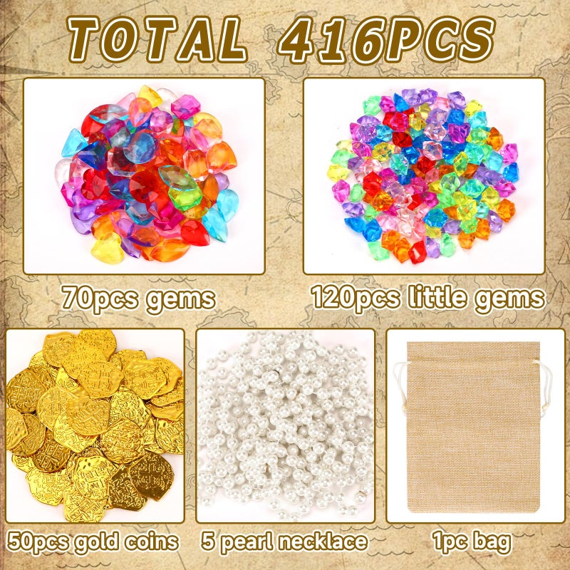 MARFOREVER Pool Toys Pirate Treasure Gems and Gold Coins, 246 Pcs Fake Coins Plastic Gems Jewels Playset for Summer Sand Beach Bath Toys Halloween Pirate Adventure Party Favors Decorations - Image 4