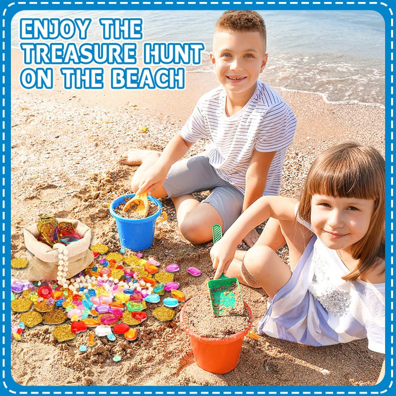 MARFOREVER Pool Toys Pirate Treasure Gems and Gold Coins, 246 Pcs Fake Coins Plastic Gems Jewels Playset for Summer Sand Beach Bath Toys Halloween Pirate Adventure Party Favors Decorations - Image 3