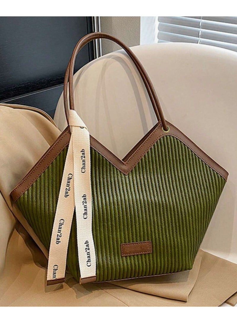 Chia Fashion Striped Pattern Tote Bag, Niche Design V-Shaped Shoulder Bag, Women's Handbag For Commuter, School - Image 1
